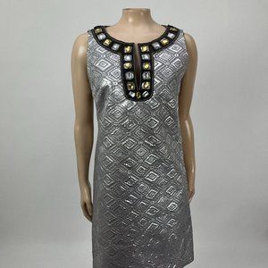 TORY BURCH Women's Dress 6 Silver Beaded Metallic Party Sleeveless Formal M3-18
